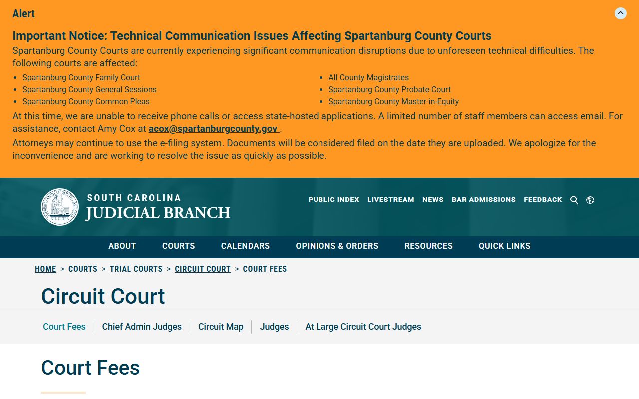 Darlington County Clerk of Court records page for Circuit Court fees