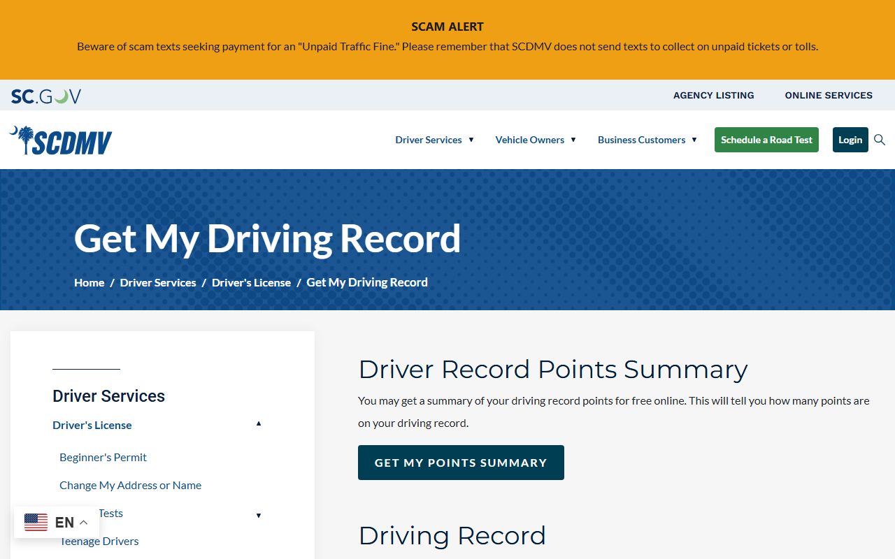 Darlington County court dockets SCDMV driving record page