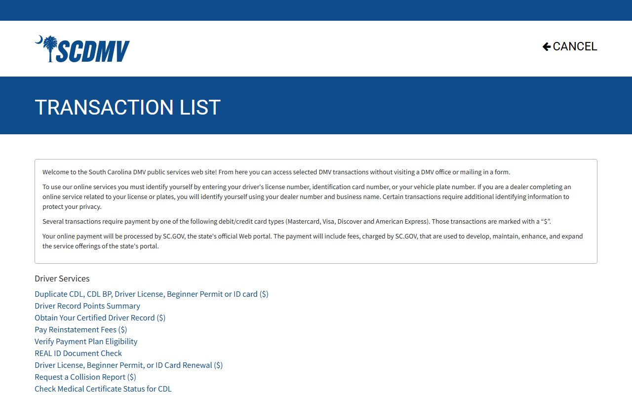 Darlington County court dockets SCDMV online transaction list