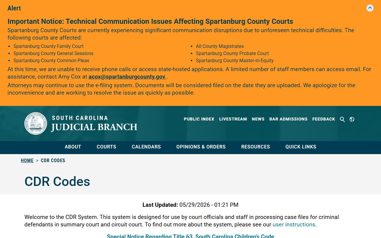 Darlington County criminal court records South Carolina CDR code search