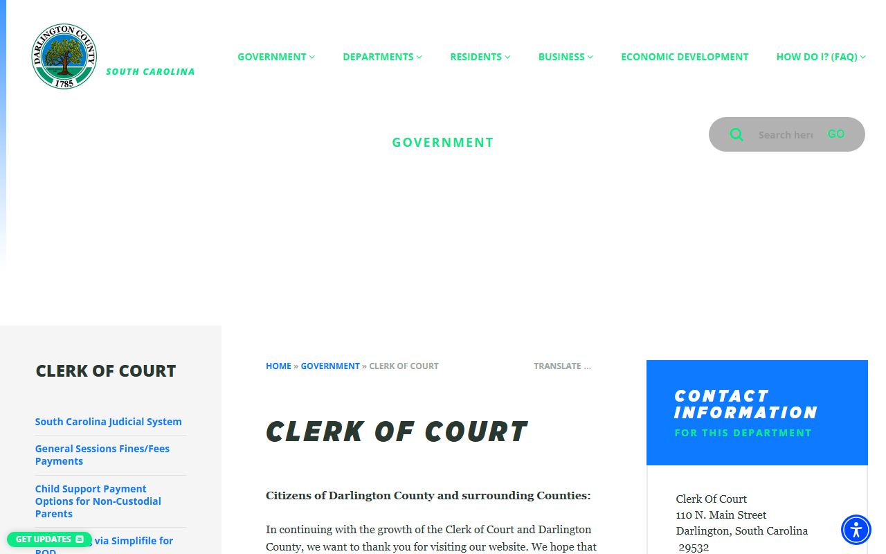 Darlington County court records Clerk of Court page