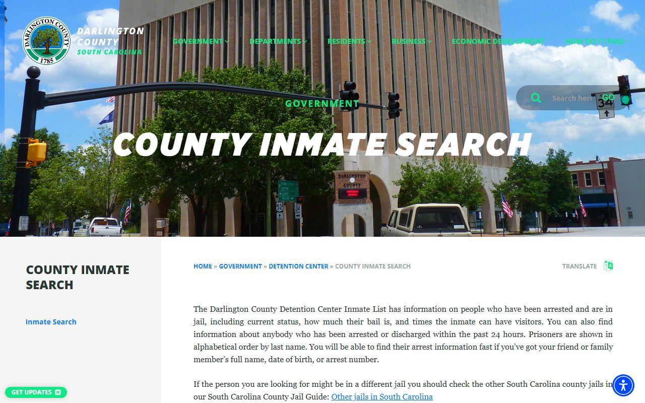 Darlington County inmate records search landing page