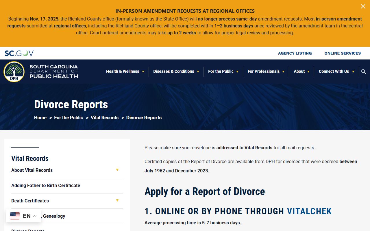 Darlington County divorce records South Carolina DPH divorce reports
