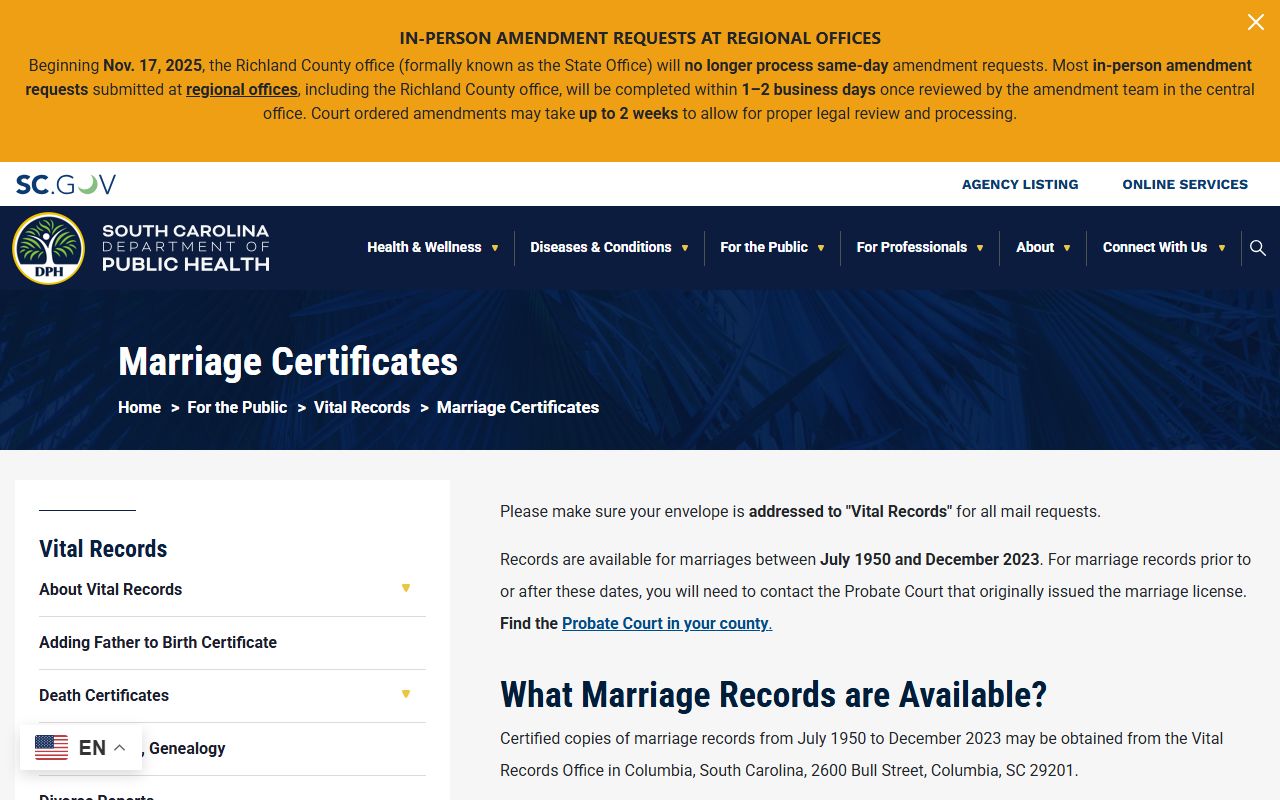 Darlington County marriage records South Carolina DPH marriage certificates
