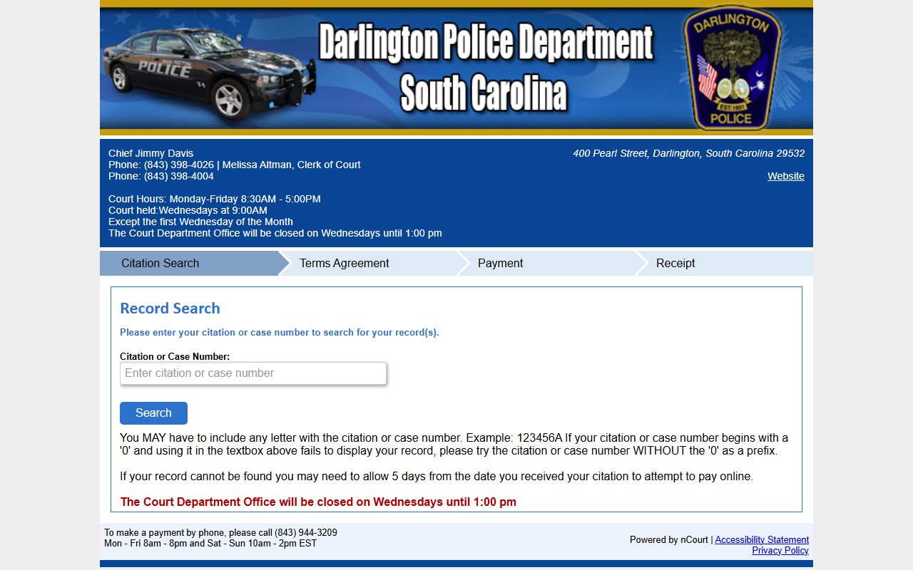 Darlington County traffic court records City of Darlington nCourt payments