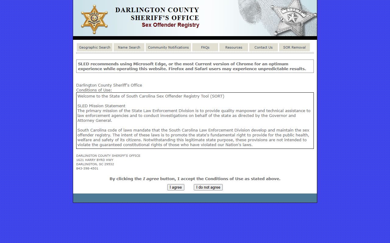 Darlington County warrant records Darlington SLED SORT registry